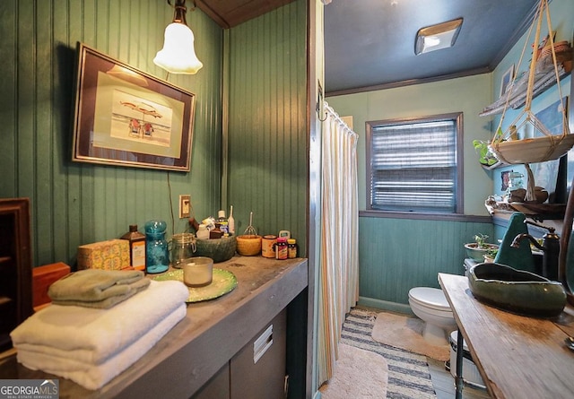 bathroom featuring crown molding, wooden walls, vanity, and toilet