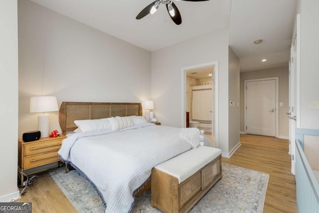 bedroom with ceiling fan, baseboards, connected bathroom, recessed lighting, and light wood-style flooring