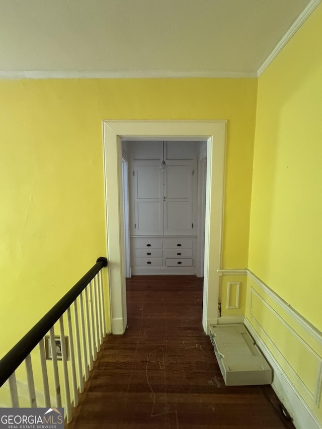 corridor with crown molding, a wainscoted wall, and dark wood-type flooring