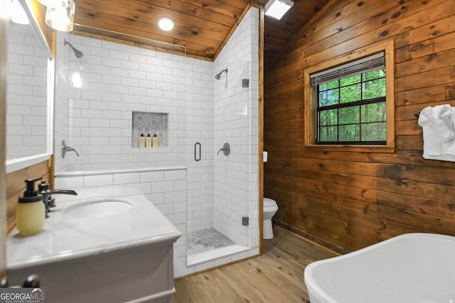 bathroom with wood ceiling, lofted ceiling, a shower with door, and hardwood / wood-style flooring