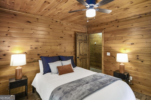 bedroom featuring wooden ceiling and ceiling fan