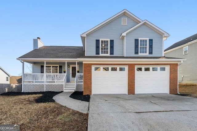 front facade with a porch and a garage