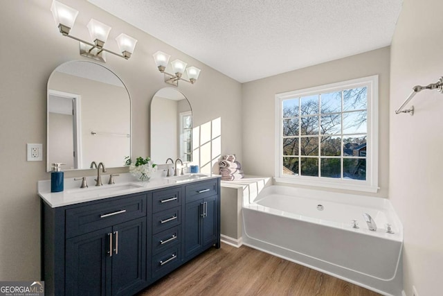 bathroom with a healthy amount of sunlight, a bath, hardwood / wood-style floors, and vanity