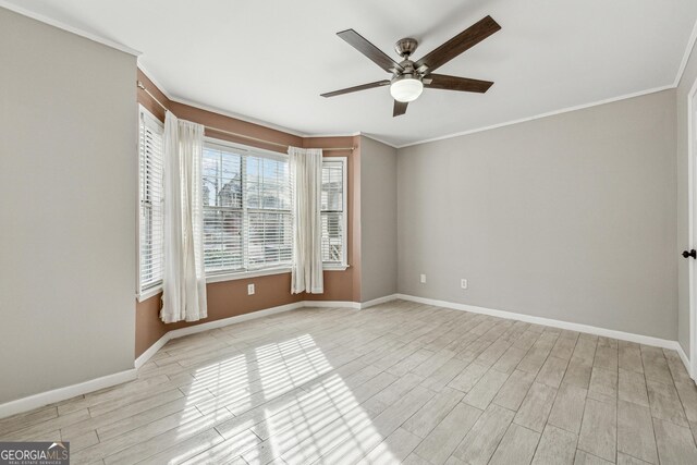 bedroom featuring crown molding, ceiling fan, and light wood-type flooring