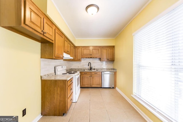 kitchen with light tile patterned flooring, white electric stove, tasteful backsplash, sink, and stainless steel dishwasher