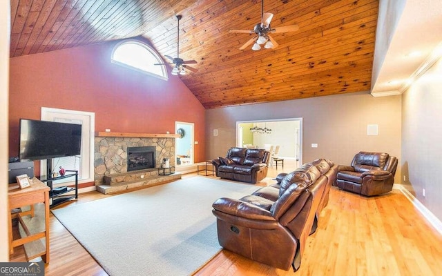 living room featuring a stone fireplace, high vaulted ceiling, wood ceiling, ceiling fan, and light hardwood / wood-style flooring