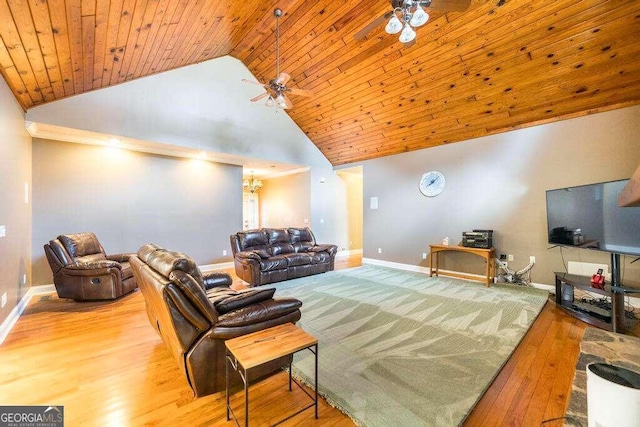 living room featuring wood ceiling, ceiling fan, high vaulted ceiling, and hardwood / wood-style floors