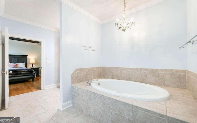 bathroom featuring a notable chandelier, tiled tub, crown molding, and tile patterned floors