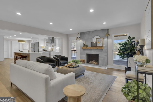 living room with plenty of natural light, a fireplace, and light hardwood / wood-style flooring