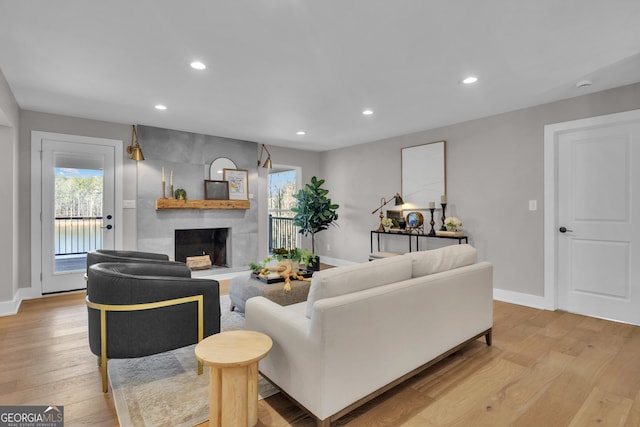 living room featuring a fireplace and light wood-type flooring