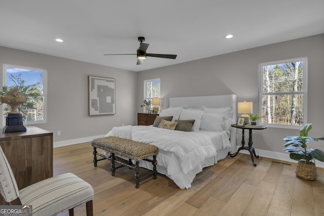 bedroom featuring ceiling fan and light wood-type flooring