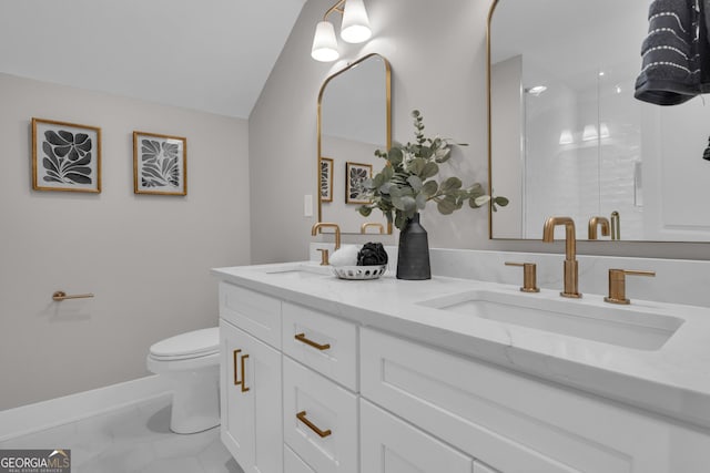 bathroom with vanity, vaulted ceiling, an enclosed shower, and toilet