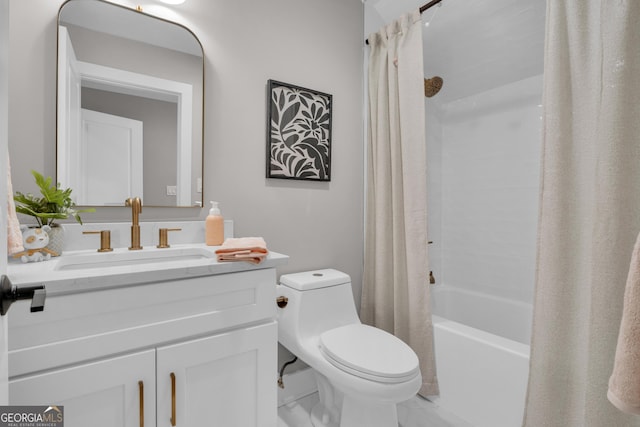 full bathroom featuring shower / tub combo, vanity, and toilet
