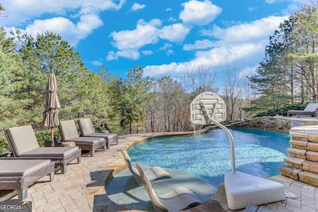 view of swimming pool featuring a patio area