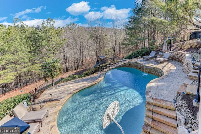 view of swimming pool with a patio