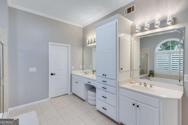 bathroom featuring vanity, crown molding, tile patterned floors, and separate shower and tub