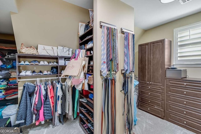 walk in closet with light colored carpet