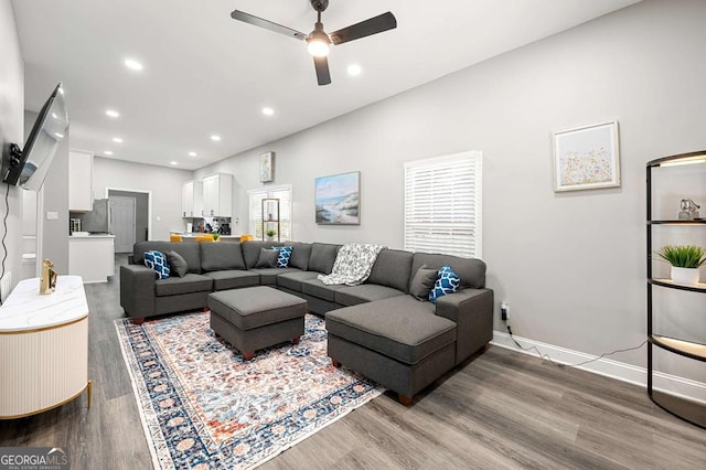 living room featuring ceiling fan and hardwood / wood-style floors