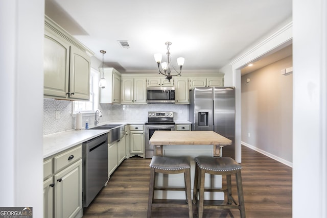 kitchen with tasteful backsplash, sink, butcher block counters, a center island, and stainless steel appliances