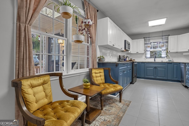 kitchen featuring sink, appliances with stainless steel finishes, white cabinetry, blue cabinets, and decorative backsplash