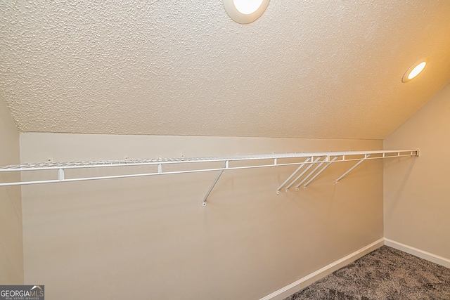 spacious closet with vaulted ceiling and carpet