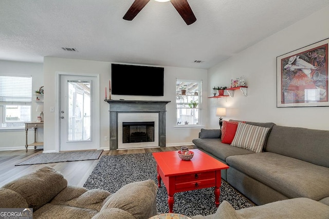 living room featuring ceiling fan, hardwood / wood-style flooring, and a textured ceiling