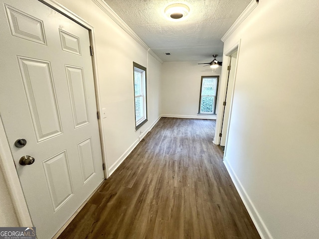 corridor with ornamental molding, dark hardwood / wood-style flooring, and a textured ceiling