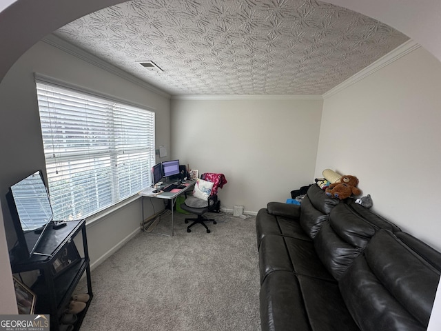 office area featuring light colored carpet and ornamental molding