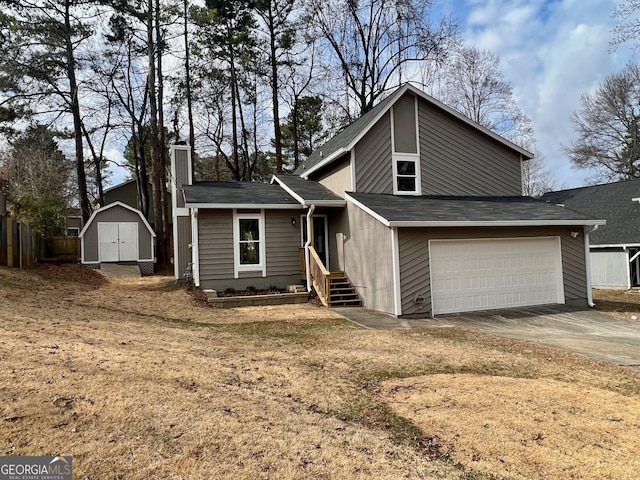 view of front of house with a storage unit and a front lawn