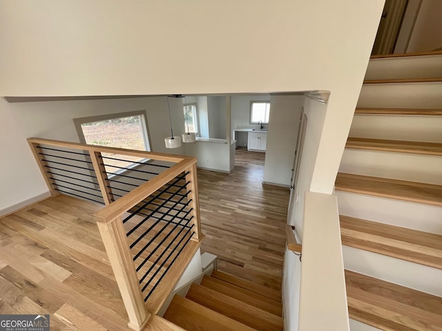 staircase with hardwood / wood-style flooring and sink