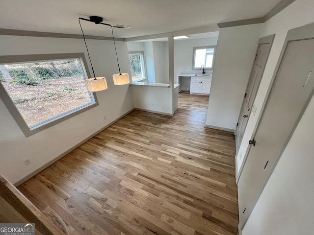 unfurnished dining area with sink and light hardwood / wood-style floors