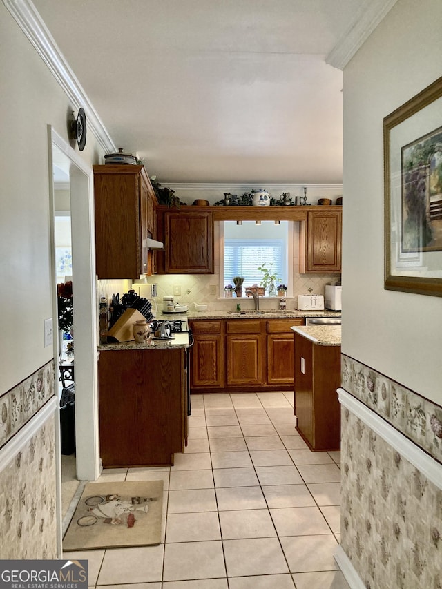 kitchen featuring crown molding, light stone countertops, sink, and light tile patterned floors