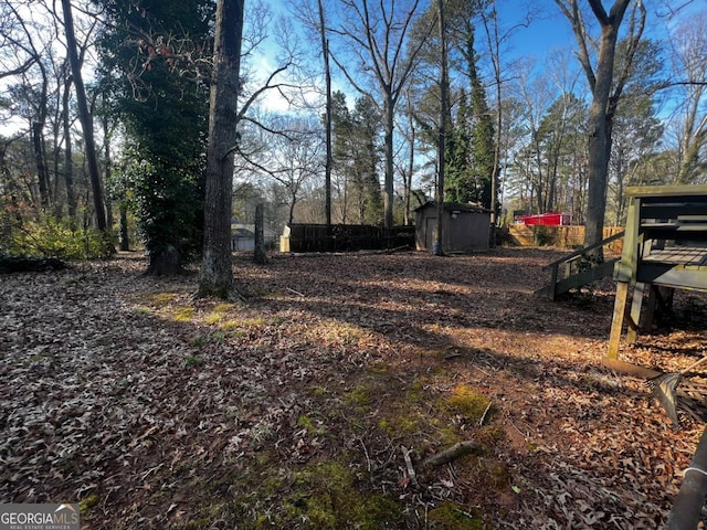 view of yard featuring a storage shed