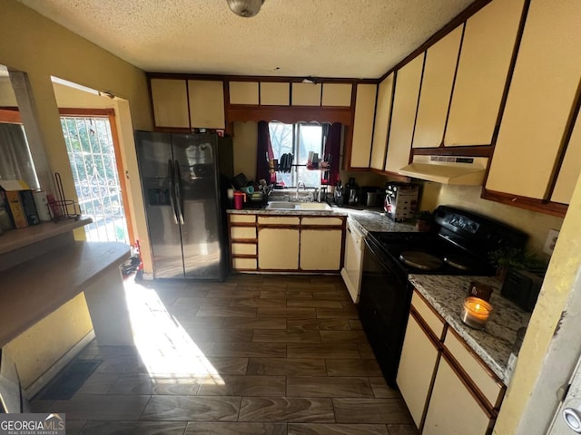 kitchen featuring sink, black range with electric stovetop, stainless steel fridge with ice dispenser, and a wealth of natural light