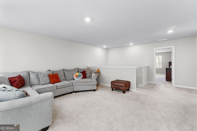 living room with light colored carpet