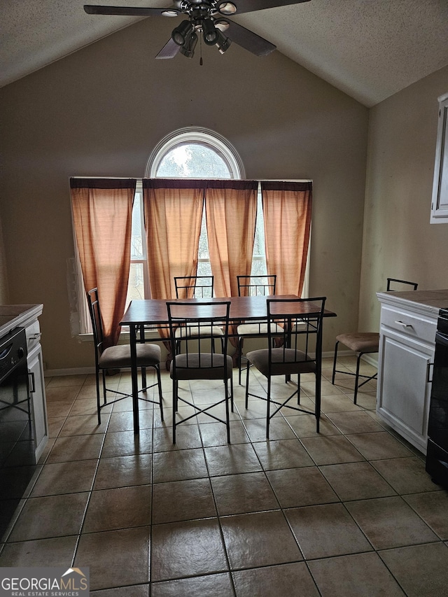 dining space with lofted ceiling, ceiling fan, a textured ceiling, and dark tile patterned floors