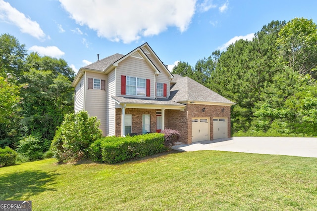 view of front of property featuring a garage and a front lawn