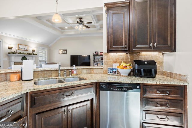 kitchen featuring dark brown cabinetry, coffered ceiling, sink, stainless steel dishwasher, and backsplash