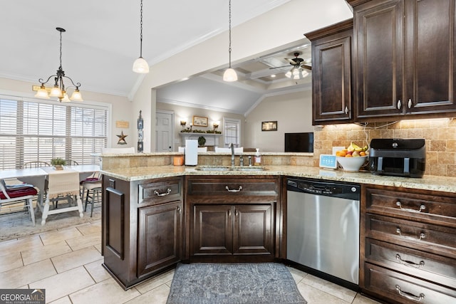 kitchen featuring sink, hanging light fixtures, stainless steel dishwasher, dark brown cabinetry, and kitchen peninsula