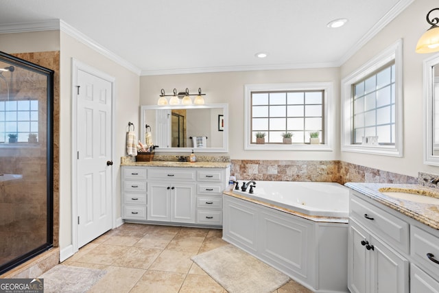 bathroom featuring vanity, crown molding, tile patterned floors, and independent shower and bath