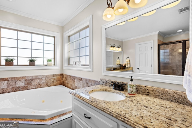 bathroom with vanity, crown molding, and independent shower and bath