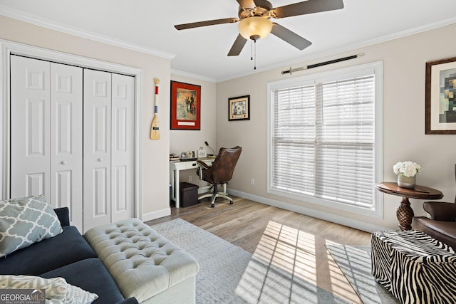 office space featuring light hardwood / wood-style flooring, ornamental molding, and ceiling fan