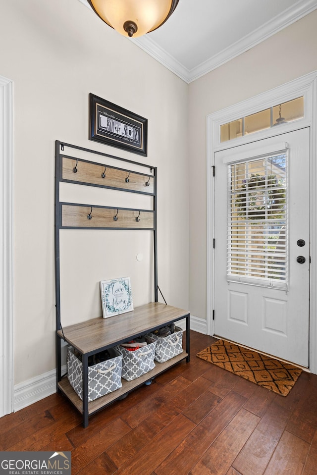 entrance foyer featuring ornamental molding and dark hardwood / wood-style floors