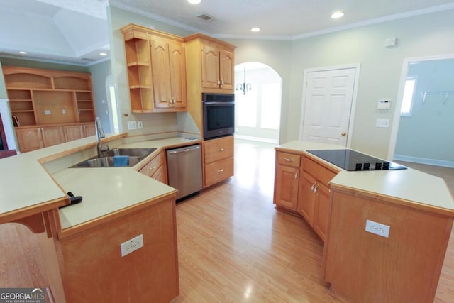 kitchen with sink, a center island, kitchen peninsula, light hardwood / wood-style floors, and black appliances