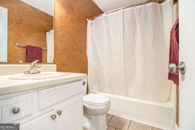 full bathroom with tile patterned flooring, vanity, shower / bathtub combination with curtain, and toilet