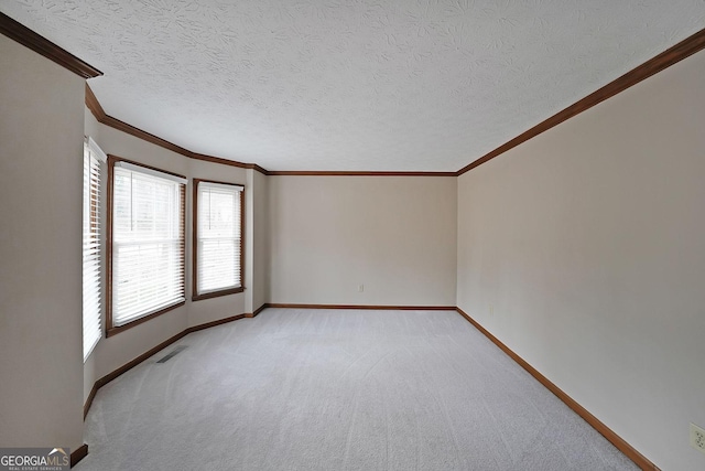 empty room featuring crown molding, light colored carpet, and a textured ceiling