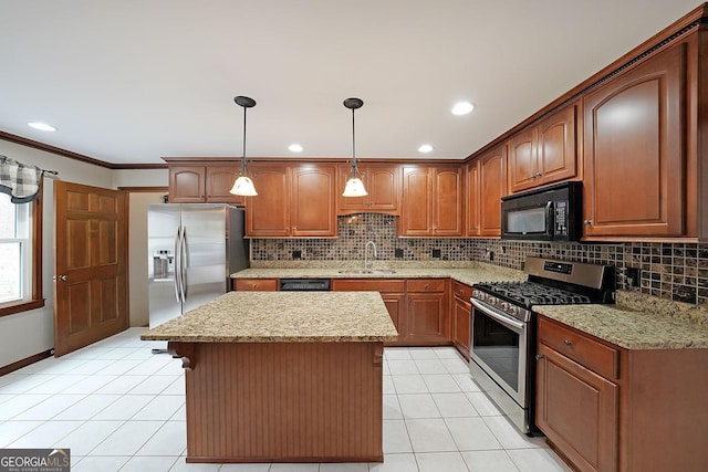 kitchen featuring pendant lighting, sink, black appliances, and light tile patterned flooring