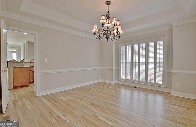 unfurnished room featuring sink, a tray ceiling, light hardwood / wood-style floors, and a healthy amount of sunlight