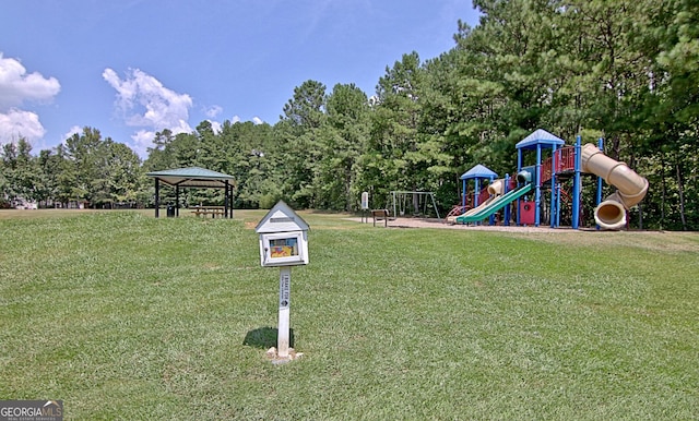 view of playground with a gazebo and a yard