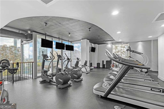 workout area featuring plenty of natural light and expansive windows